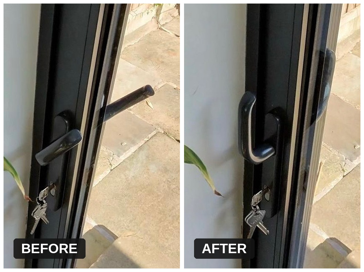 Before and after of a sliding patio door handle position after Lockshire Locksmiths adjusted the locking mechanism in Cheadle