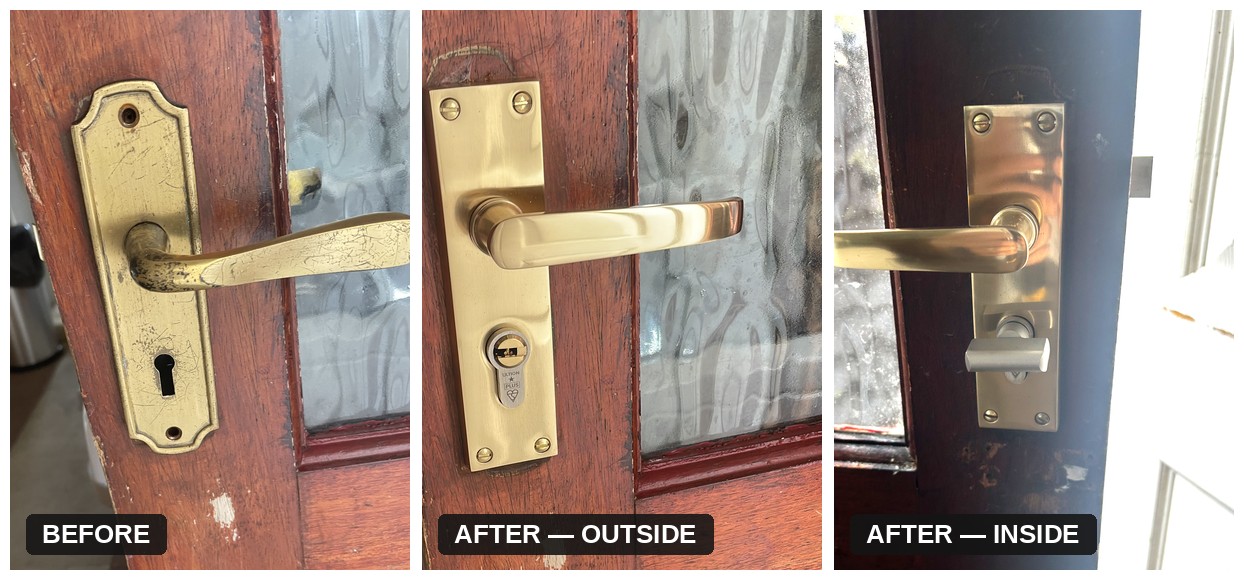 Before and after of a Poynton front door lock upgraded by Lockshire Locksmiths from a traditional sash lock to a euro cylinder with an internal thumbturn