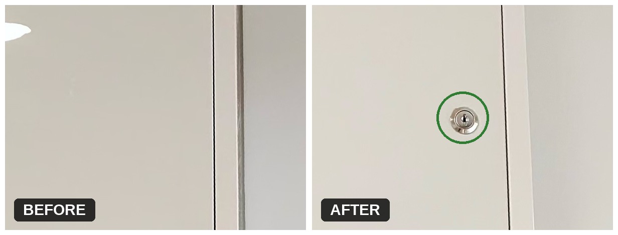 Before and after of a kitchen cupboard in Macclesfield with a lock fitted by Lockshire Locksmiths so medication can be kept locked away