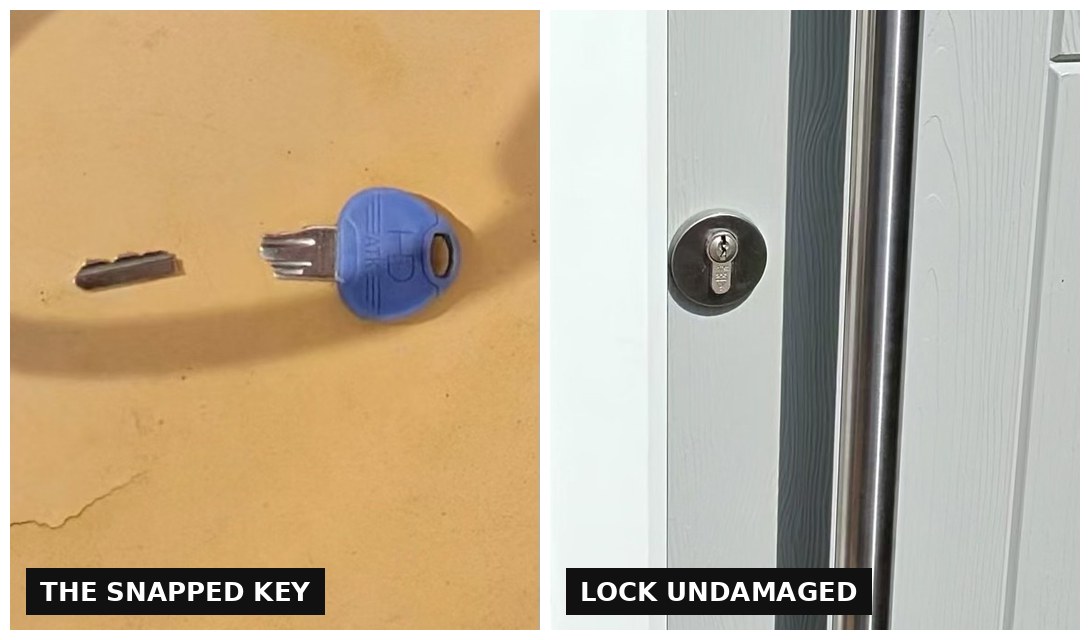 Snapped key removed from a front door lock at a property in Alderley Edge SK9 by Lockshire Locksmiths, with the cylinder left undamaged
