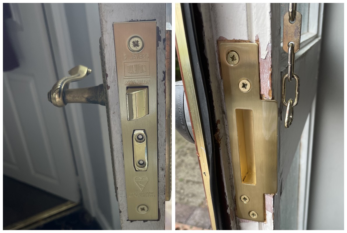 British Standard 5-lever Union sash lock and new keep fitted to a front door in Timperley by Lockshire Locksmiths