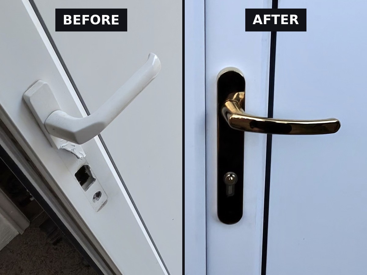 Before and after of a uPVC door in Timperley where a snapped handle and lock cylinder were replaced with an anti-snap cylinder and new handles by Lockshire Locksmiths