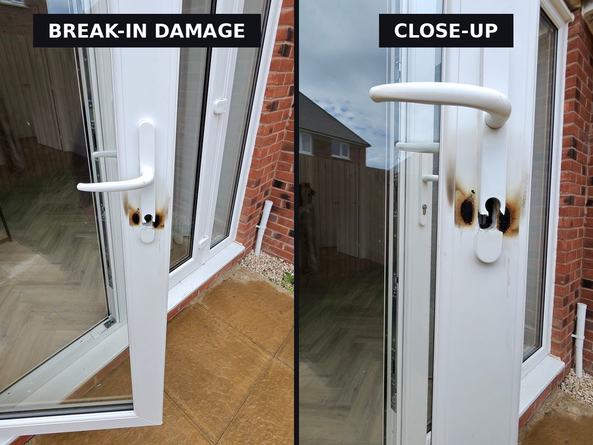 Break-in damage around the lock on a uPVC French door at a property in Knutsford WA16, before Lockshire Locksmiths upgraded the locks and handles to Ultion