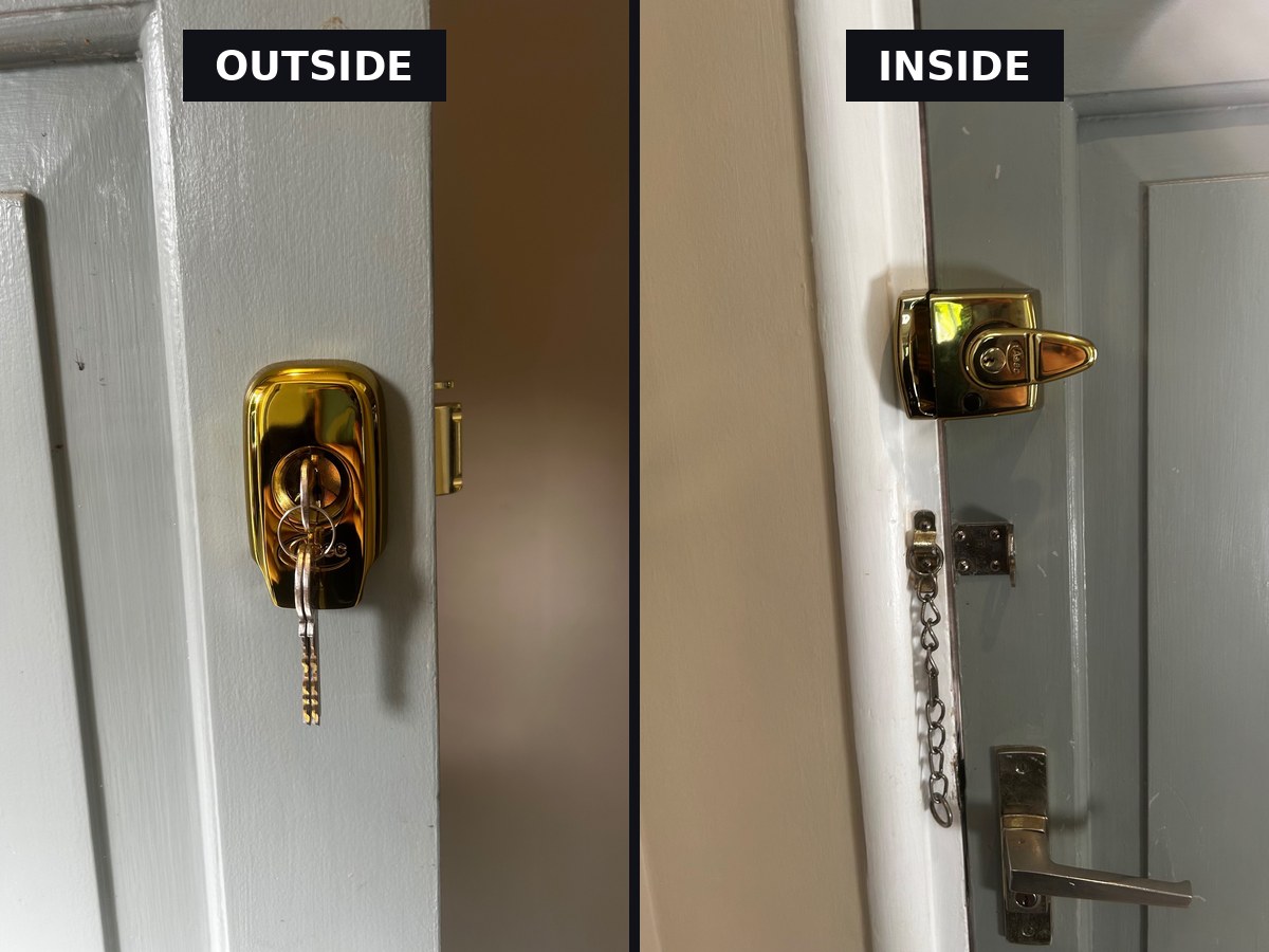 Asec British Standard nightlatch fitted to a timber door in Wilmslow SK9 by Lockshire Locksmiths, shown from the outside with keys and from the inside with its key-locking handle
