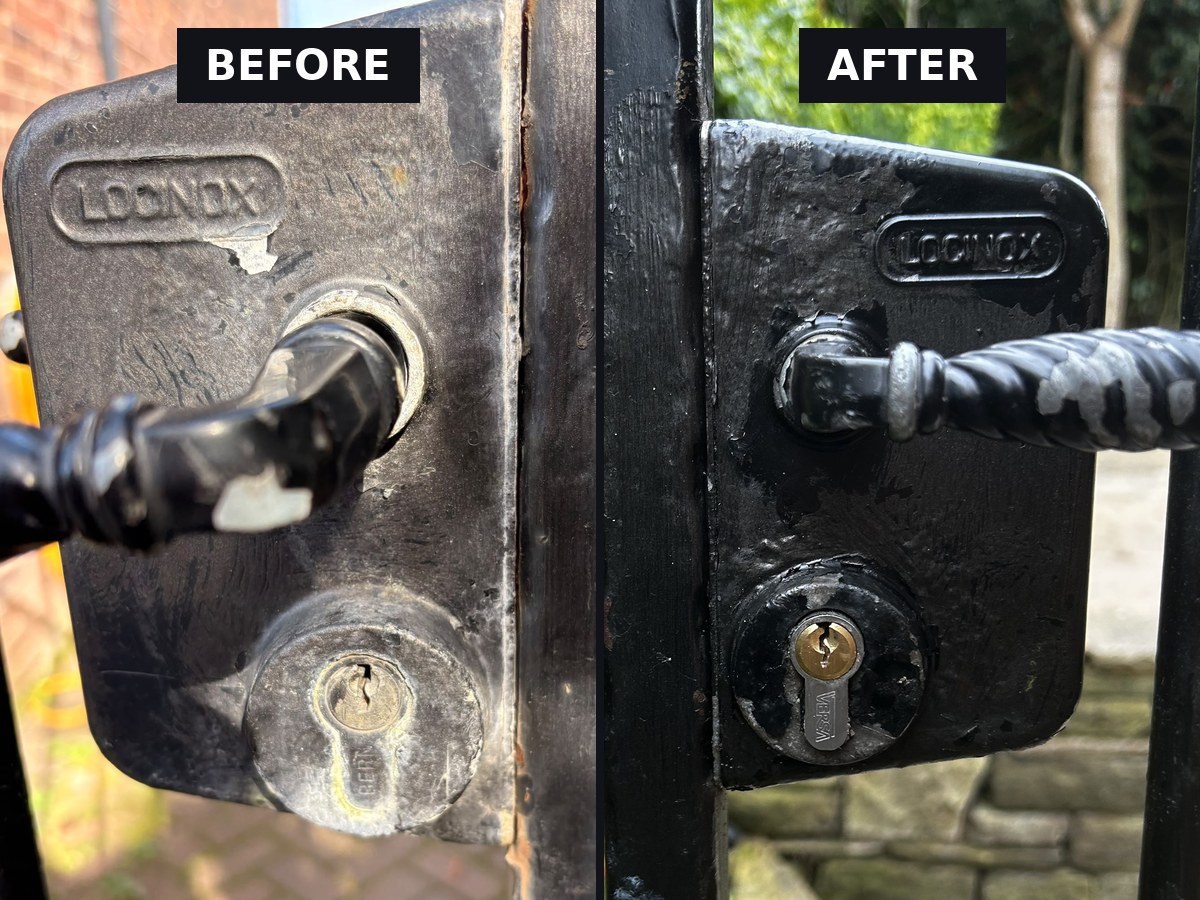 Before and after of a seized Locinox gate lock in Bowdon, reconditioned and refitted with a new anti-snap cylinder by Lockshire Locksmiths